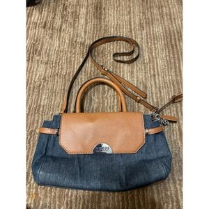 Guess Mathewson Satchel Purse Top Handle Crossbody Denim‎ Blue Brown Small Bag